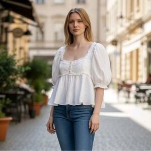 Free People "Leave It To Me" Square Neck Babydoll Blouse White Size Xtra Small